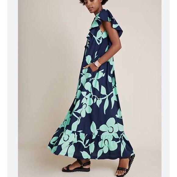Anthropologie Maeve Cassandra Maxi Dress Large Navy Green Floral Classic Boho - Picture 3 of 15